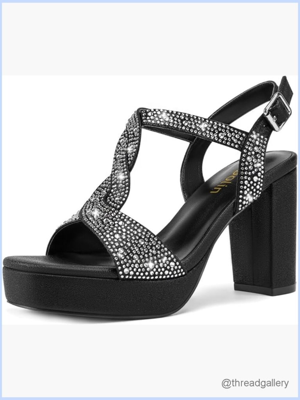 Platform Chunky Block Heels Slingback Square Open Toe Rhinestone Sandals